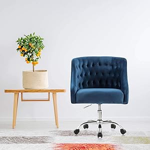 Home Office Desk Chair with Mid-Back Modern Tufted Velvet Fabric Computer Chair Swivel Height Adjustable Accent Chair with Arms for Study Living Bedroom(Navy Blue)
