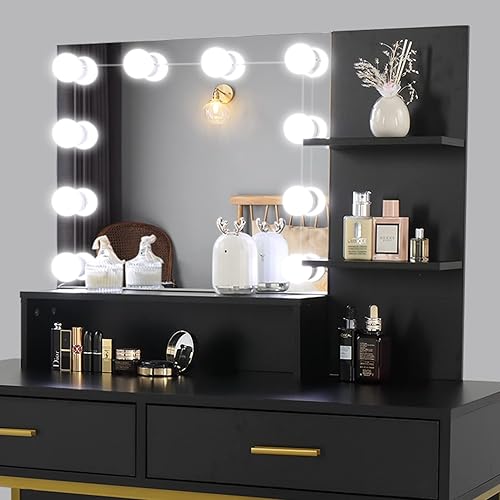 Miniatura 4 de Henf Escritorio blanco con espejo y luces, mesa de tocador de maquillaje, 2 cajones y 3 estantes de almacenamiento, tocador de dormitorio con