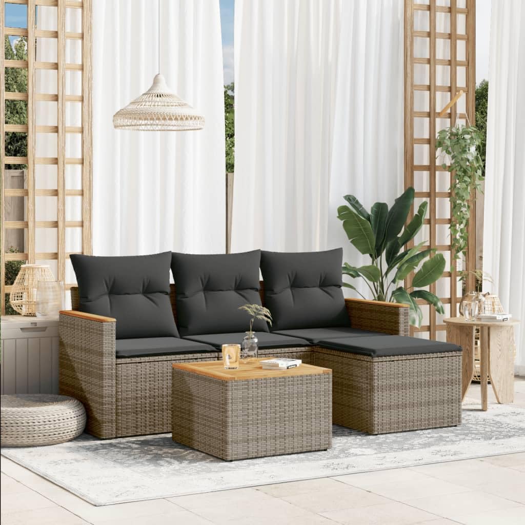 IKAYAA Sofa Exterior de Ratán, Muebles de Jardín con Función de Almacenamiento, Sofá Jardín, Conjunto Sofá Jardin Exterior de Ratán Muebles Jardín Exterior- 5 pzas Gris#105