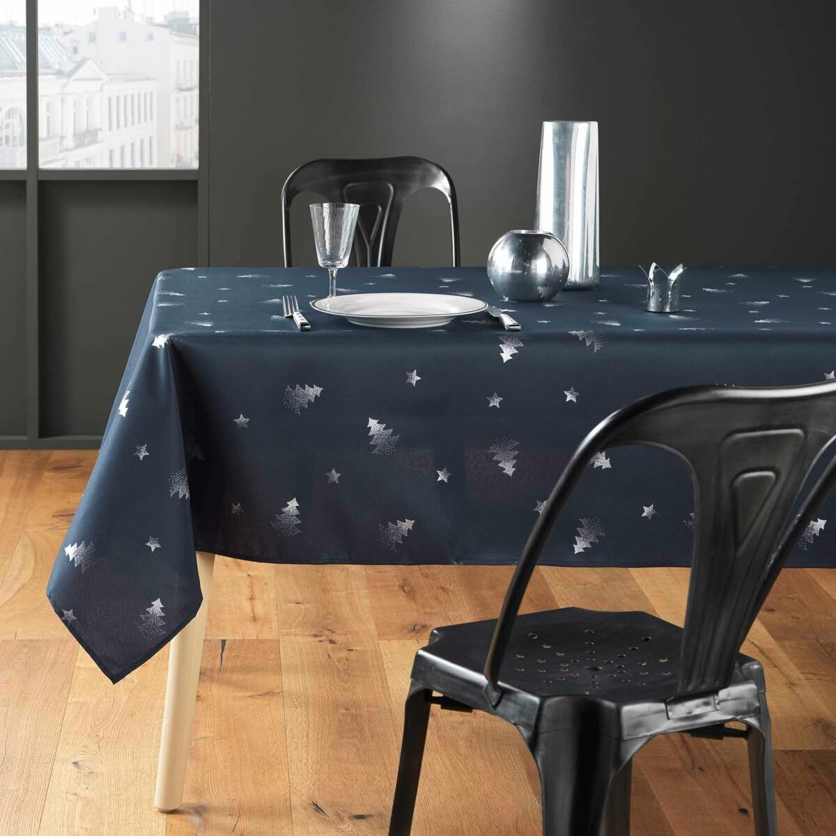 Promo Linge Blue Rectangular Christmas Tablecloth – Stain/Waterproof Fabric – Navy Tree/Silver – 150 X 240 Cm