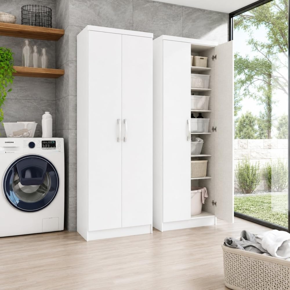 Befara Armario Multifuncional Marga 2 Puertas con 6 Estantes – Blanco 180 cm, Melamina Resistente, Estilo Moderno