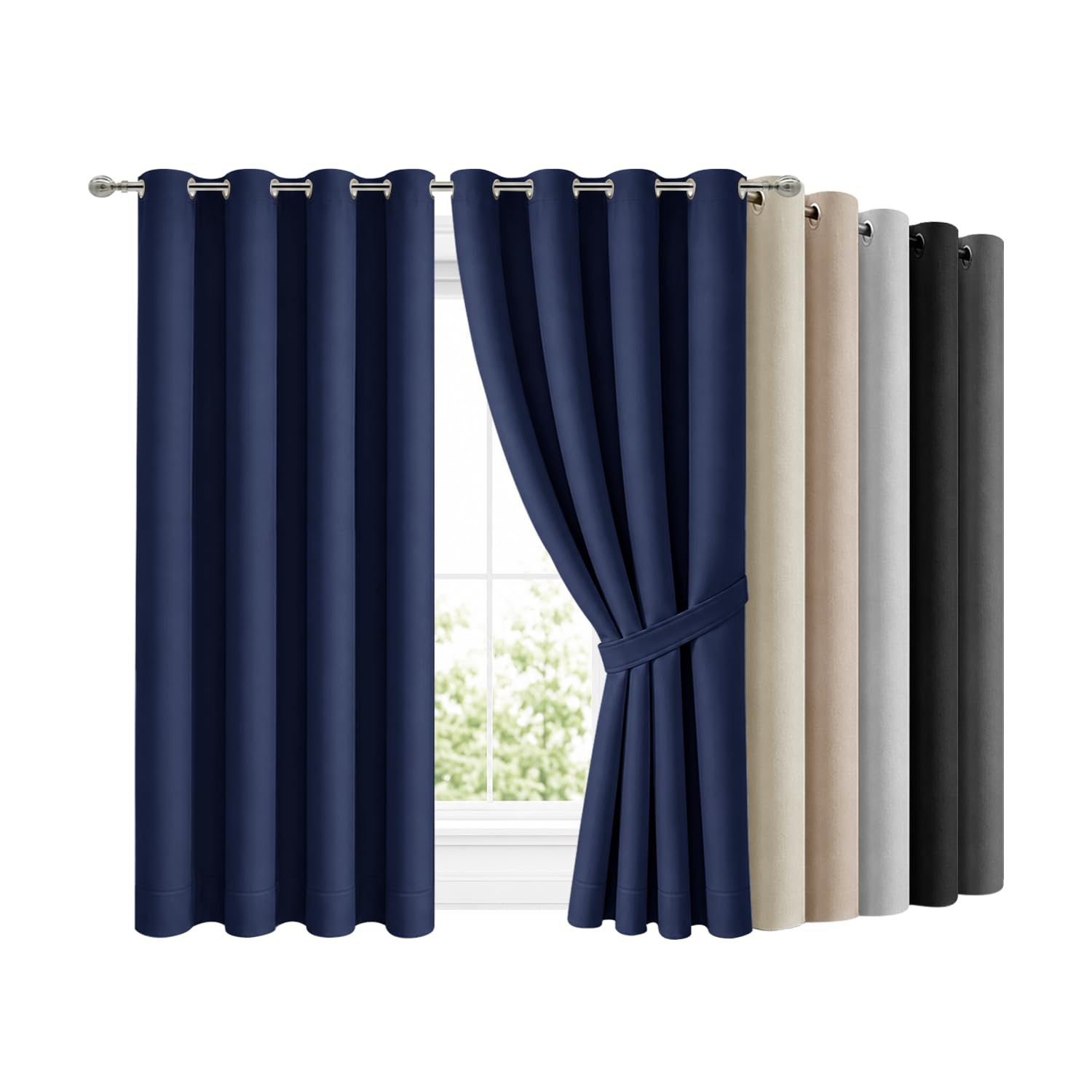 Hafaa Blackout Eyelet Curtains for Bedroom 46x72 Inch Navy Curtains for Living Room Super Soft Thermal Insulated Curtain and Drapes 2 Panels with Tiebacks
