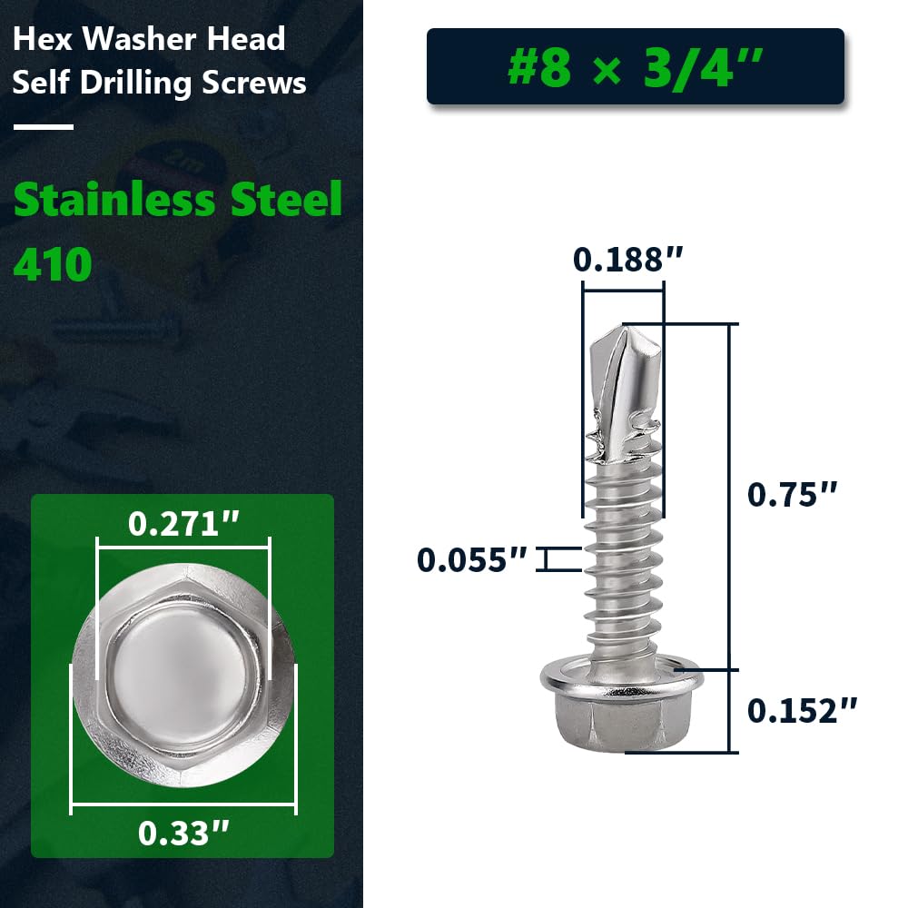 50 PCS #8 X 1-1/2 Hex Washer Head Self-Drilling Screws, 410 Stainless Steel 50 PCS #8 X 1-1/2 Hex Washer Head Self-Drilling Screws, 410 Stainless Steel