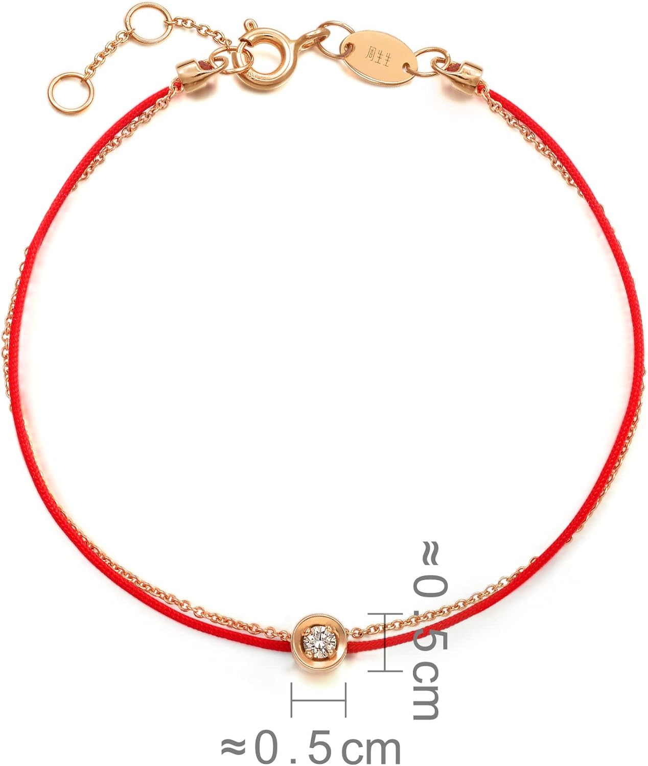 CHOW SANG SANG PROMESSA 18K Rose Gold (GH color, SI Clarity, Round Brilliant) Diamond Love Knot with Red thread Bracelet for Women 88380B | 7.4", (19 CM)