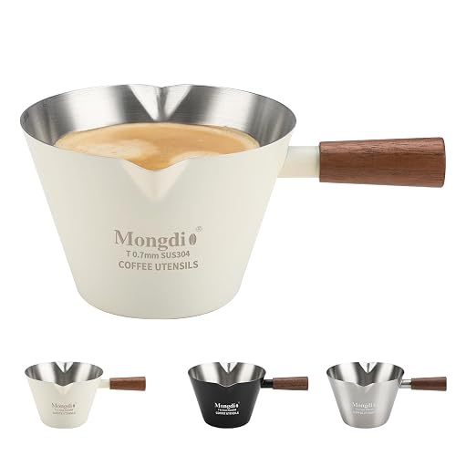 Mongdio Espresso Measuring Cup, Stainless Steel Espresso Shot Cups with Wooden Handle and Double Spouts, 6.8OZ/200ML, White - White - 6.8oz
