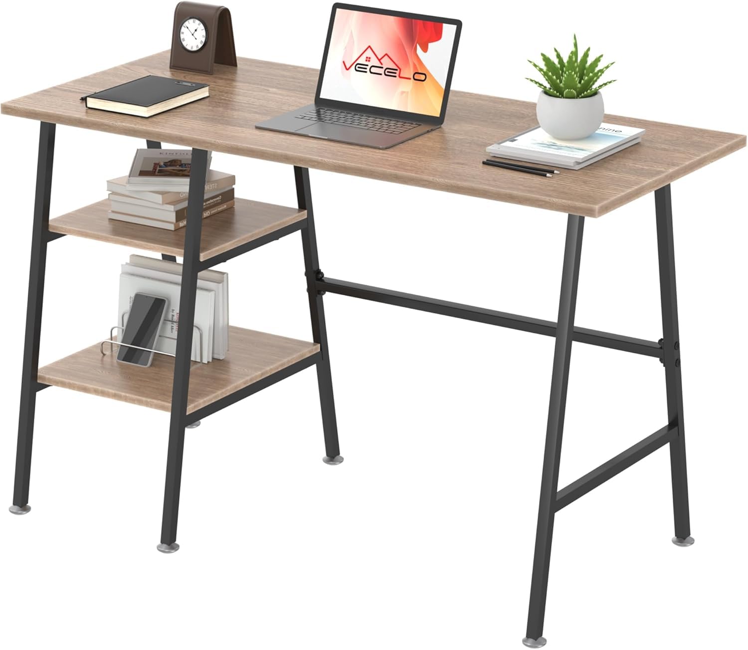 VECELO 43 Inch Computer Desk Writing Study Work Office Table Modern Desk with Shelves Wooden Desk for Home Bedroom,Oak Desk