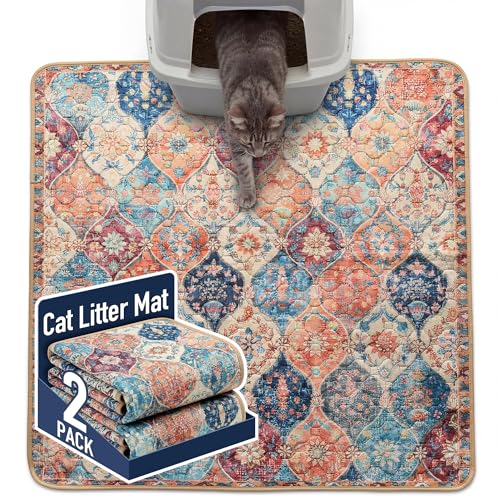 Hompet Cat Litter Mat 2 Pack, 36x36 Large Machine Washable Trapping Mats for Cats, Super Absorbent & Urine-Proof Cat Litter Box Mat for Floor, Waterproof & Non Slip Kitty Litter Rug