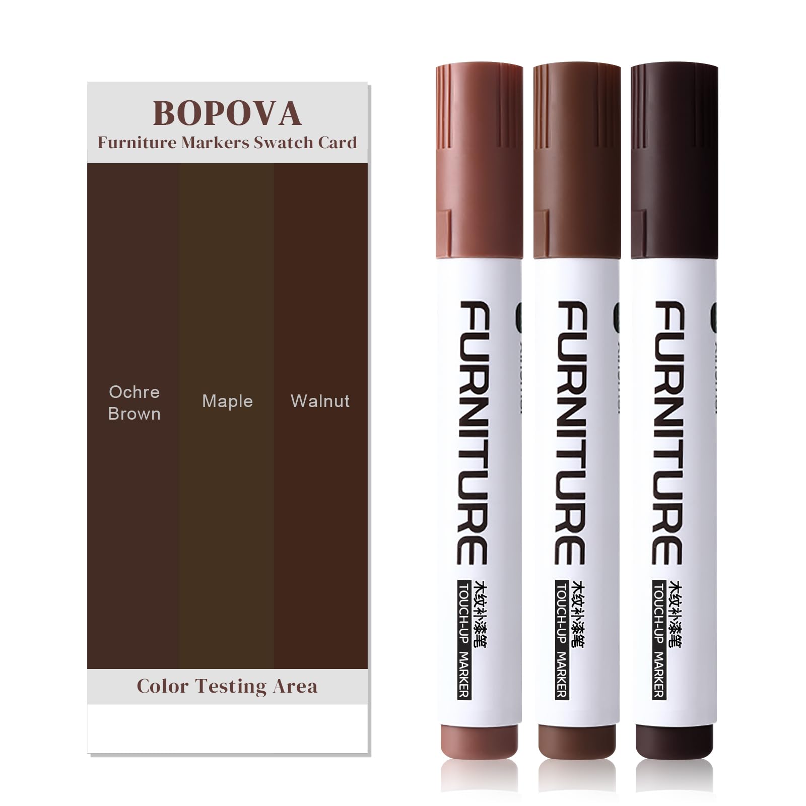BOPOVA Furniture Markers Touch Up, Wood Floor Scratch Repair Kit, 3 Colors Markers for Scratches, Stains, Floors, Tables, Desks, Cabinet, Bedpost (Ochre Brown, Maple, Walnut)