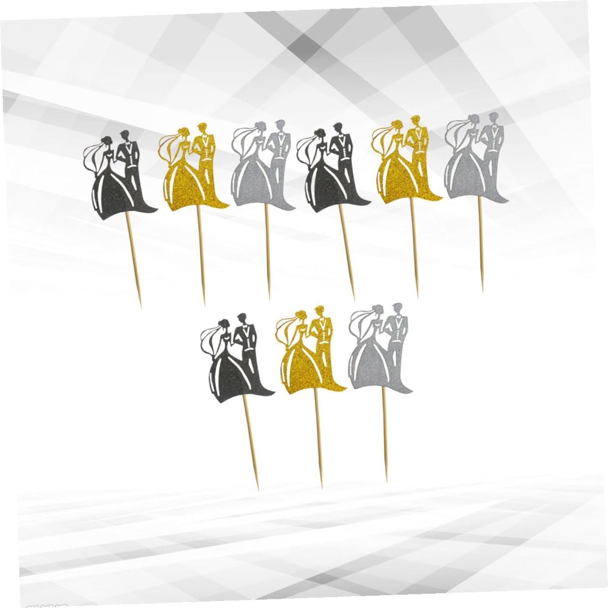GLEAVI 9pcs Wedding Glitter Cake Toppers Set with Gold Silver Black Colors Non-edible Cake Decoration Inserts for Bride and Groom