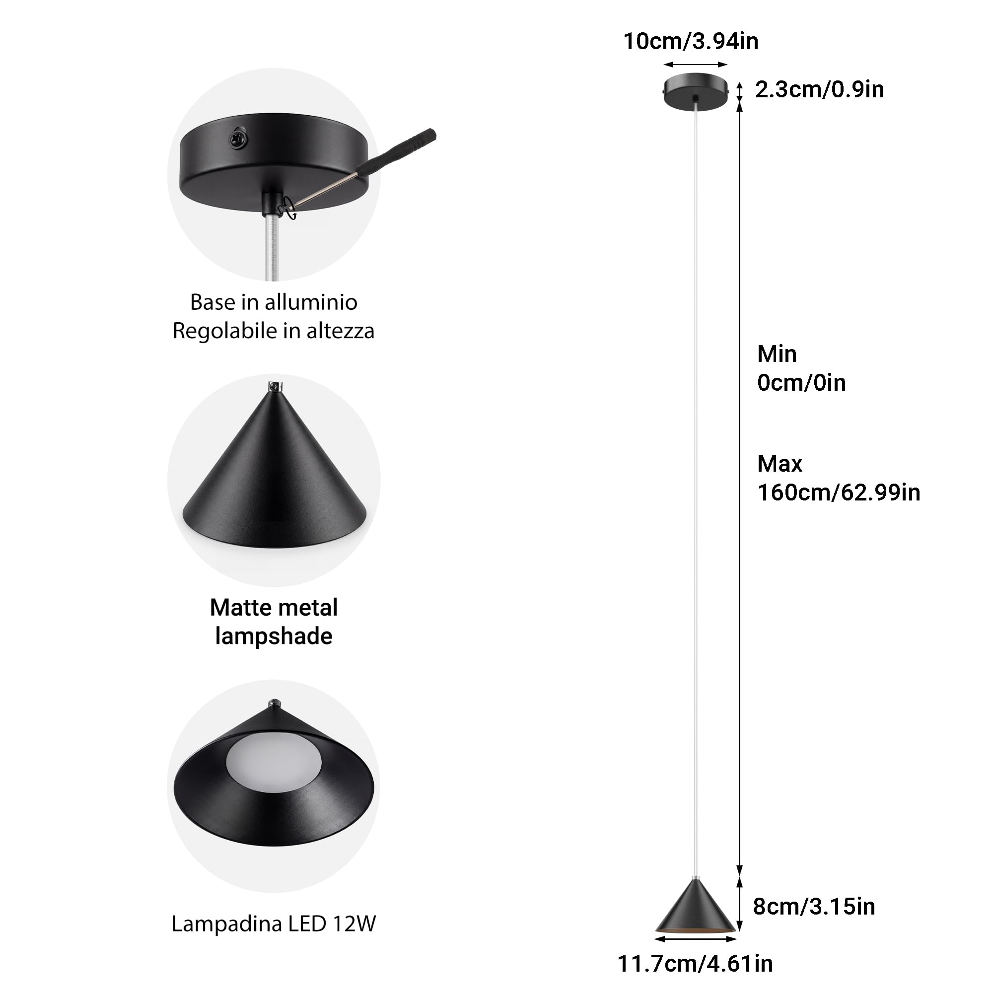 3 Pezzi Lampada a sospensione LED Moderne 12W 800LM, Regolabile In Altezza lampada a sospensione moderna Nero, Alluminio Per Soggiorno Sala Da Pranzo Kitchen Comodino Camera da Letto(3000K)