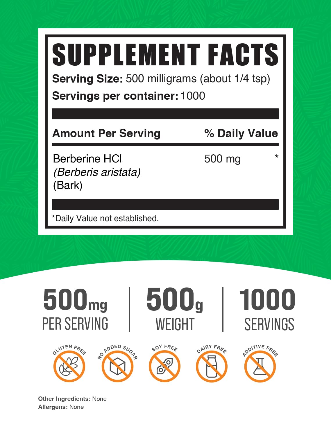 BulkSupplements.com Berberine HCl Powder - Berberine Supplement, Berberine 500mg, Berberine Powder - Gluten Free, 500mg per Serving, 500g (1.1 lbs) (Pack of 1)