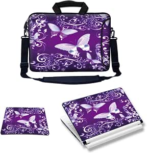 Meffort Neoprene Laptop Sleeve For 11.6" Devices - Purple Butterfly Print With Shoulder Strap