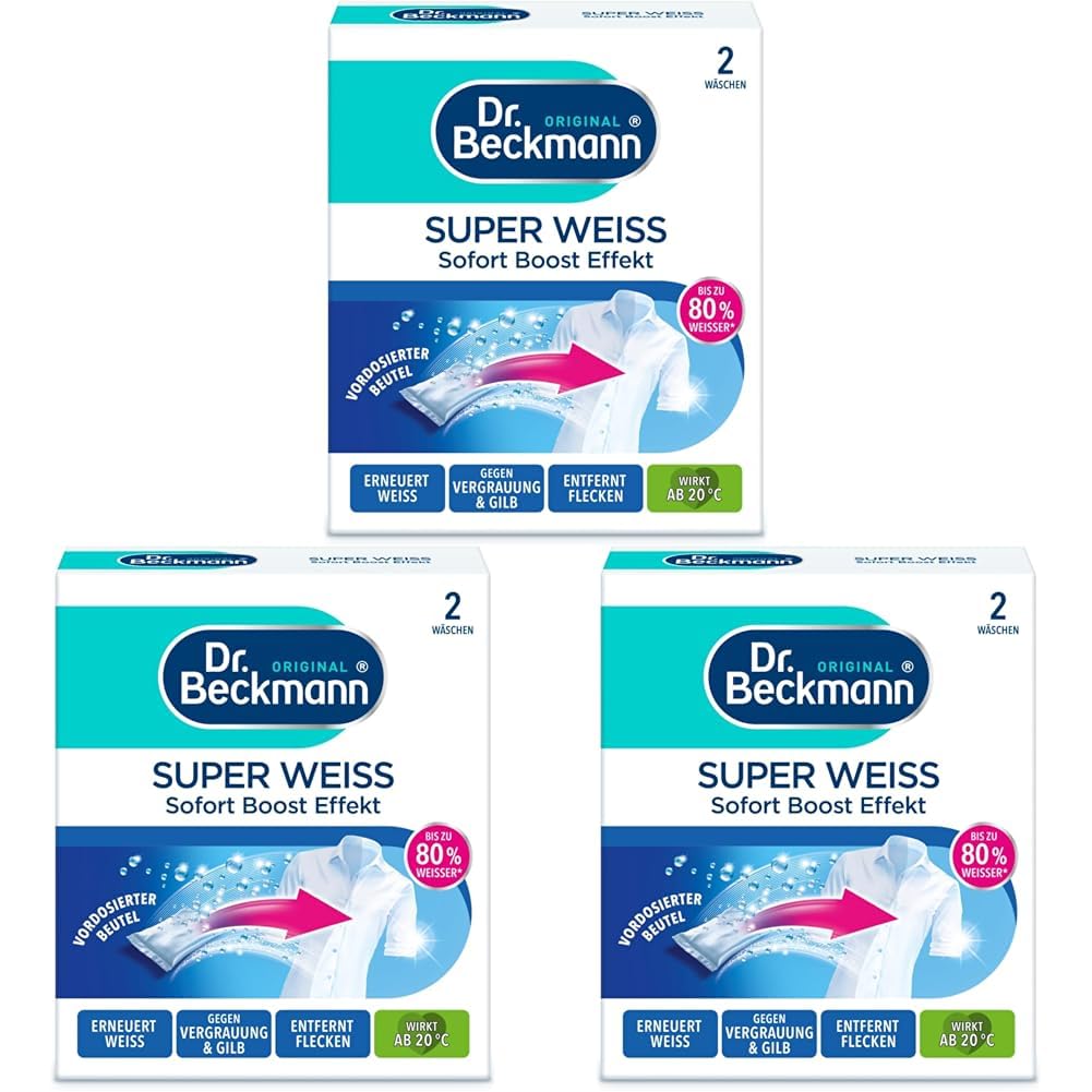 Dr. Beckmann Super Weiß | entfernt Grauschleier | hilft gegen Vergilbungen | die Wäsche wird wieder strahlend Weiß | 2 x 40 g (Packung mit 3)