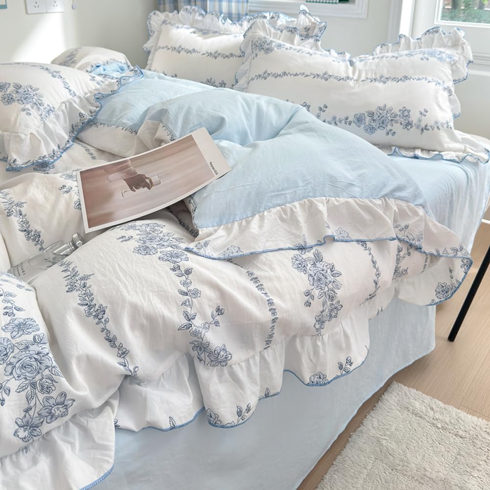 HOLY HOME Floral Print Ruffled Duvet Cover Set with Pillow Shams 3Pieces Elegant Princess Bedclothes (Bluerose, Twin)
