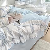 HOLY HOME Floral Print Ruffled Duvet Cover Set with Pillow Shams 3Pieces Elegant Princess Bedclothes (Bluerose, Full)