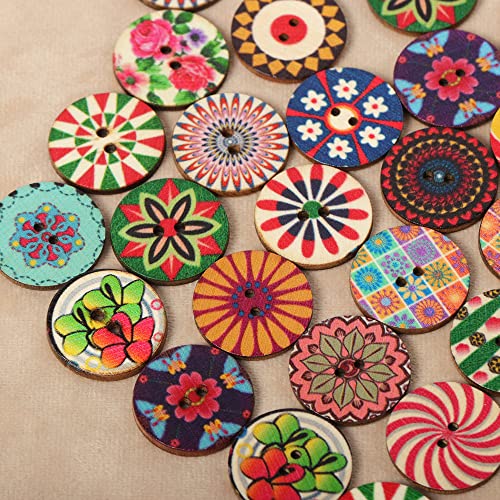 100Pcs Decorative Buttons For Crafts 1 Inch Vintage Wood Buttons With 2 Holes For Diy Sewing Craft Decorative, Mixed Pattern (25Mm) #TOP7