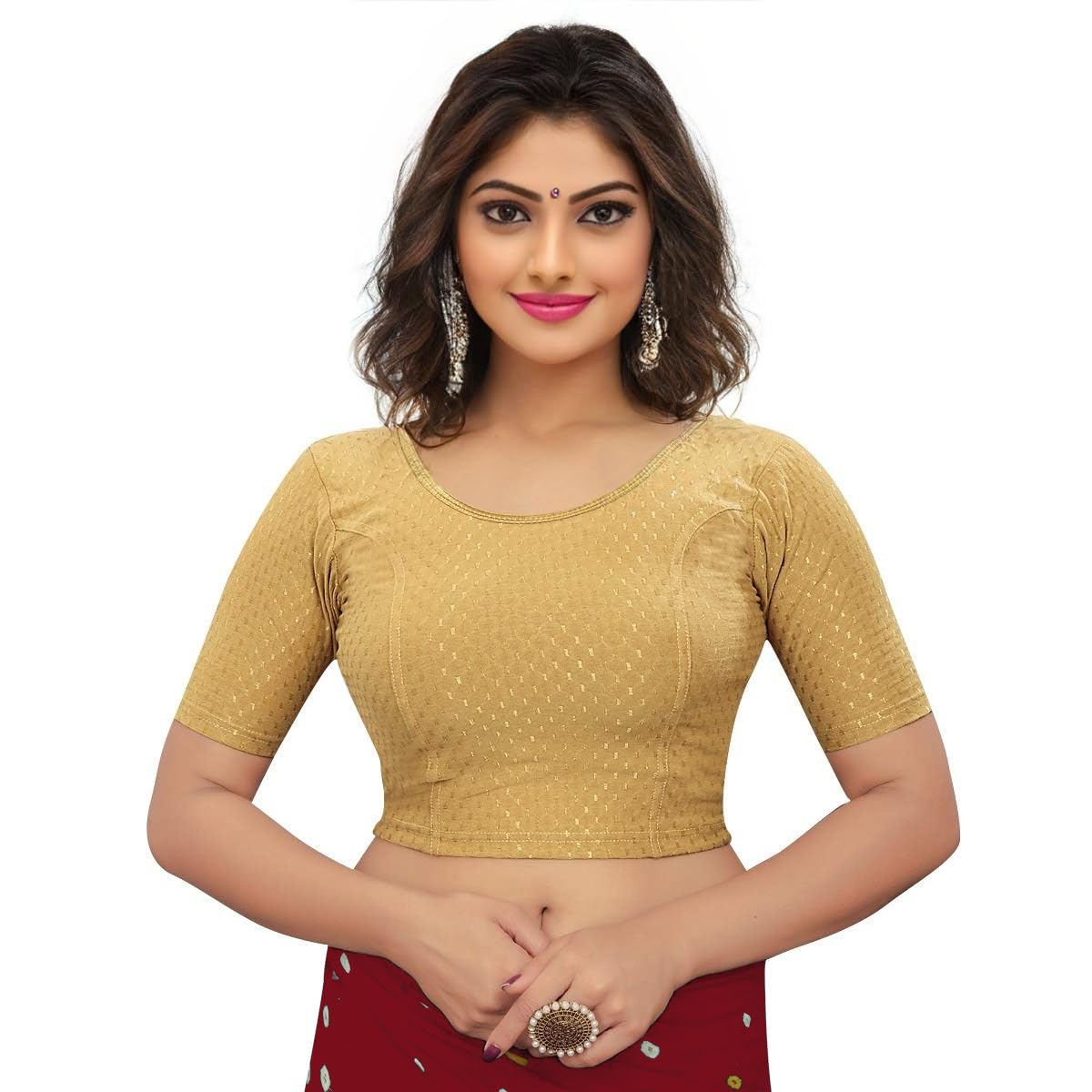 Round Neck Dobby Fabric Stretchable Elbow Sleeve Readymade Saree Blouse for Women Plain Solid Design for Every Saree