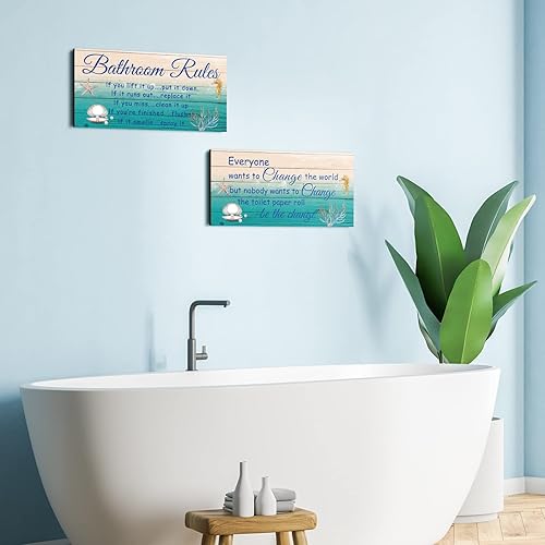 Miniatura 4 de Jetec - Decoración de pared de baño de 2 piezas, reglas del baño, arte de pared con flores, letreros de baño divertidos con temática de océano y