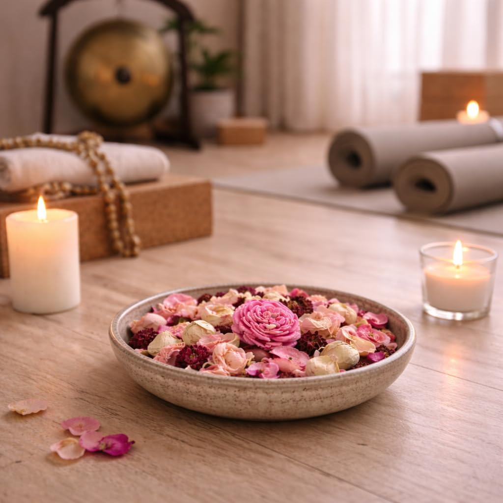 Coffret de Pot-pourri Parfumé Fleurs Roses avec 3 Bougies Chauffe-Plat