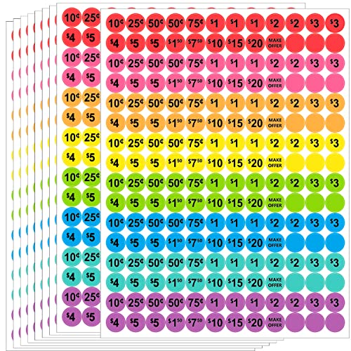 Dreecy 1920 Pcs Yard Sale Price Stickers Garage Sale Pre-Priced Pricing Labels 3/4" Diameter Flea Market Pre-Printed Pricing Stickers For Retail, 8 Colors #TOP16