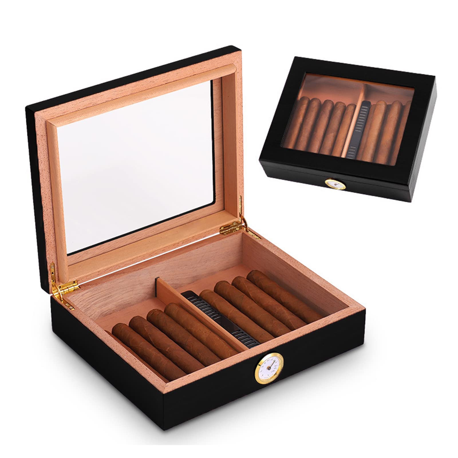 Cigar Humidor Cedar Cigar Desktop Box with Humidifier and Hygrometer Glass Top for 20-25 Cigars(Black)