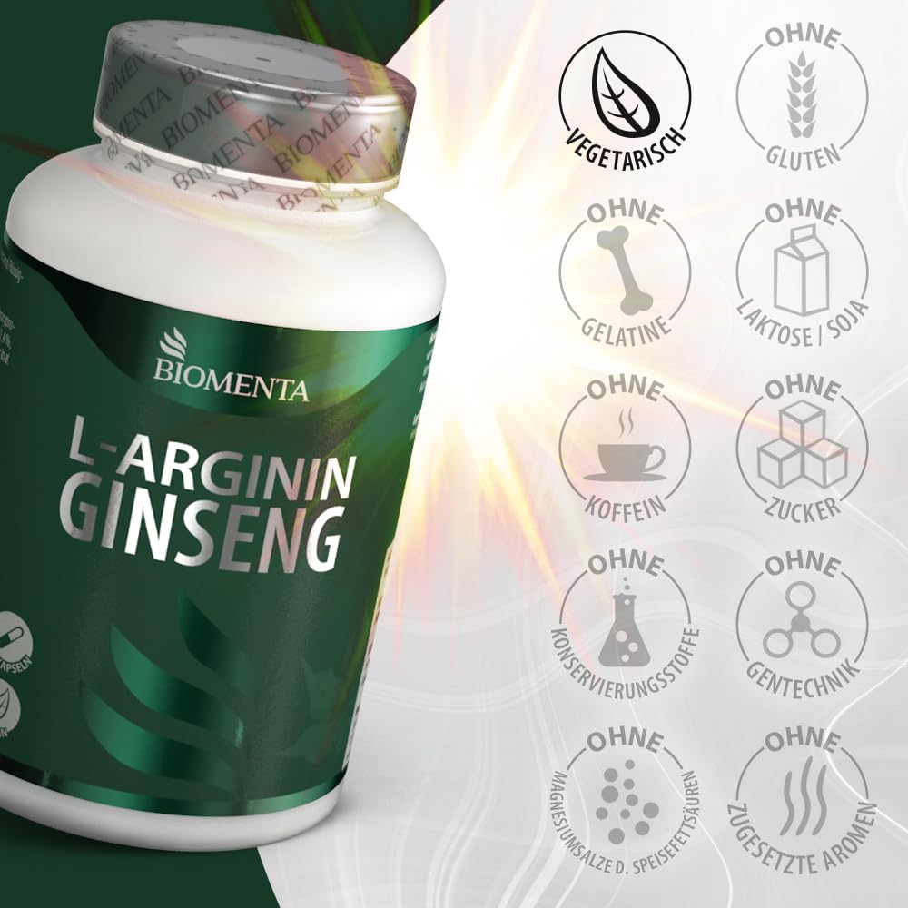 BIOMENTA Arginin Ginseng – 240 hochdosierte Kapseln - Wirkstoff Komplex + neue Rezeptur: Aminosäure, Mineralstoffe, Extrakte: Maca, Tribulus Terrestris, Zink, Selen - vegan - Premiumqualität