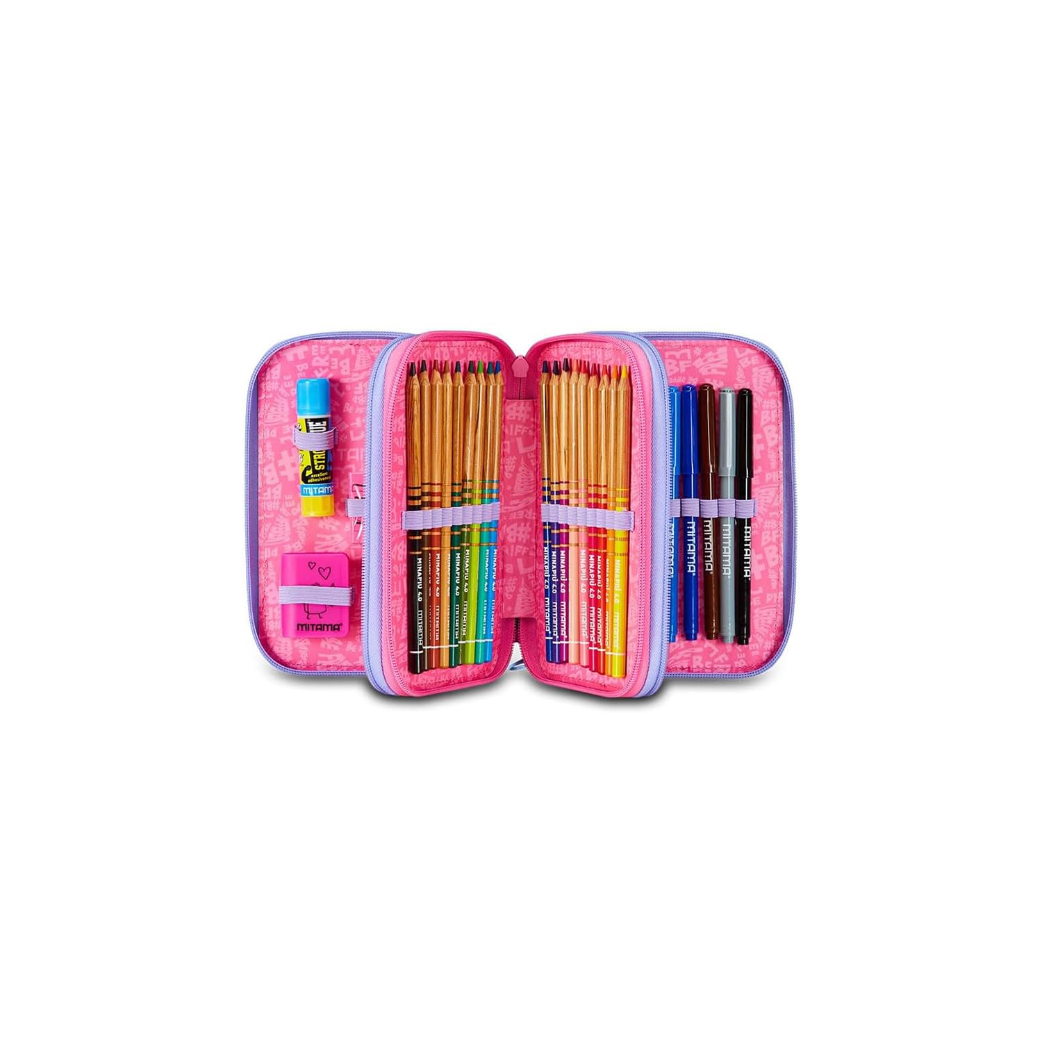 Mitama Estuche Escolar con 3 Compartimentos, Triple Tie Music, Contenido 47 Piezas, Completo de lápices, rotuladores, portalápices Escuela Primaria niña, 064522-000, Rosa, Talla única, Estuche con 3