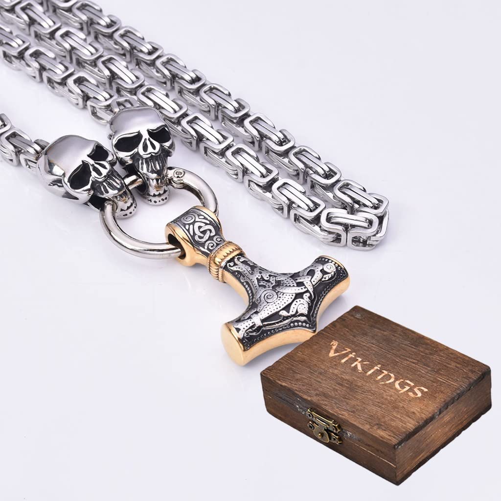Uomini Mjolnir Collana Norse Gioielli Vichinghi Testa Di Lupo Fenrir Catena Imperatori Bizantini Martello Di Thor Ciondolo Amuleto Un Regalo In Una Scatola Di Legno Valhalla (Color : Style 50, Size - Foto 10