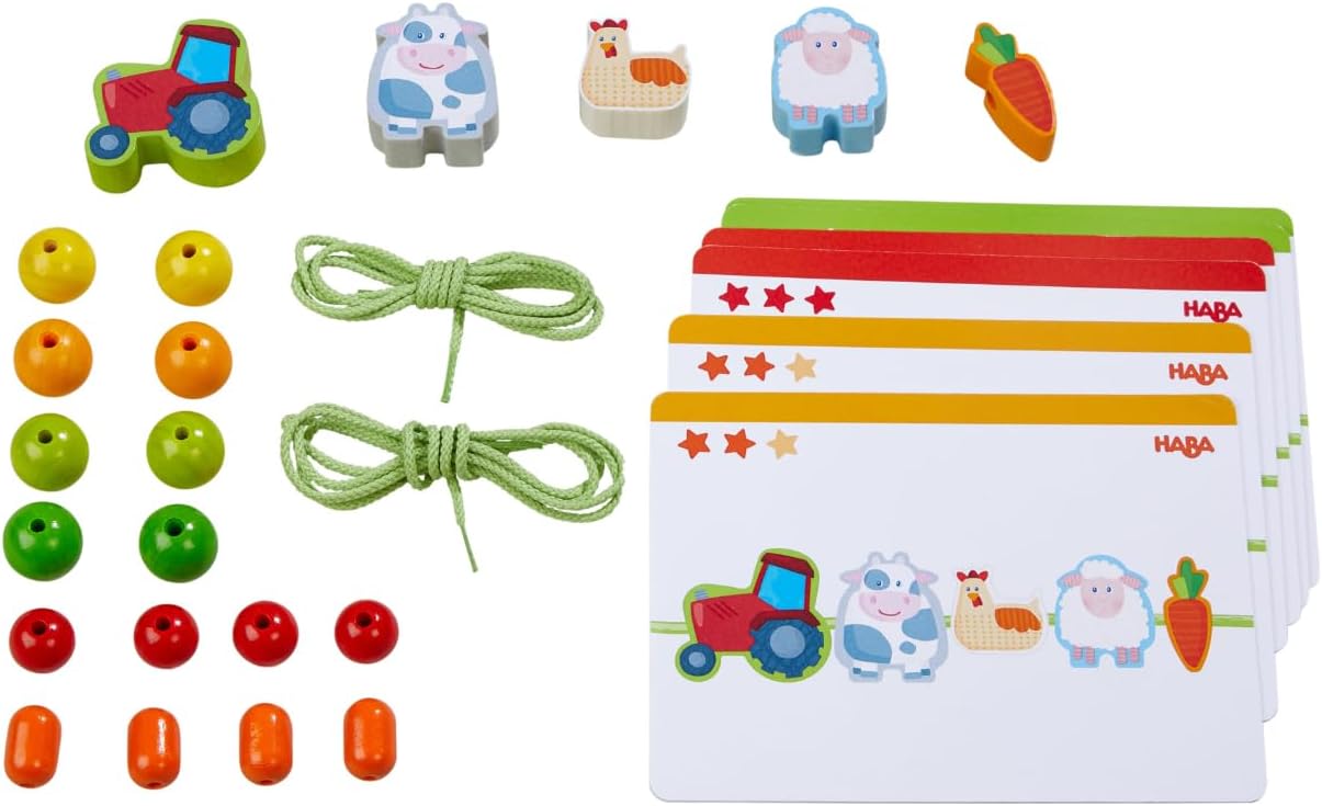 HABA Threading Game Farm Friends - Creative Educational Game & Threading Chain with 21 Wooden Beads & 2 Cords Including Template Cards - Threading Fun for Children from 3 Years - 1305780001