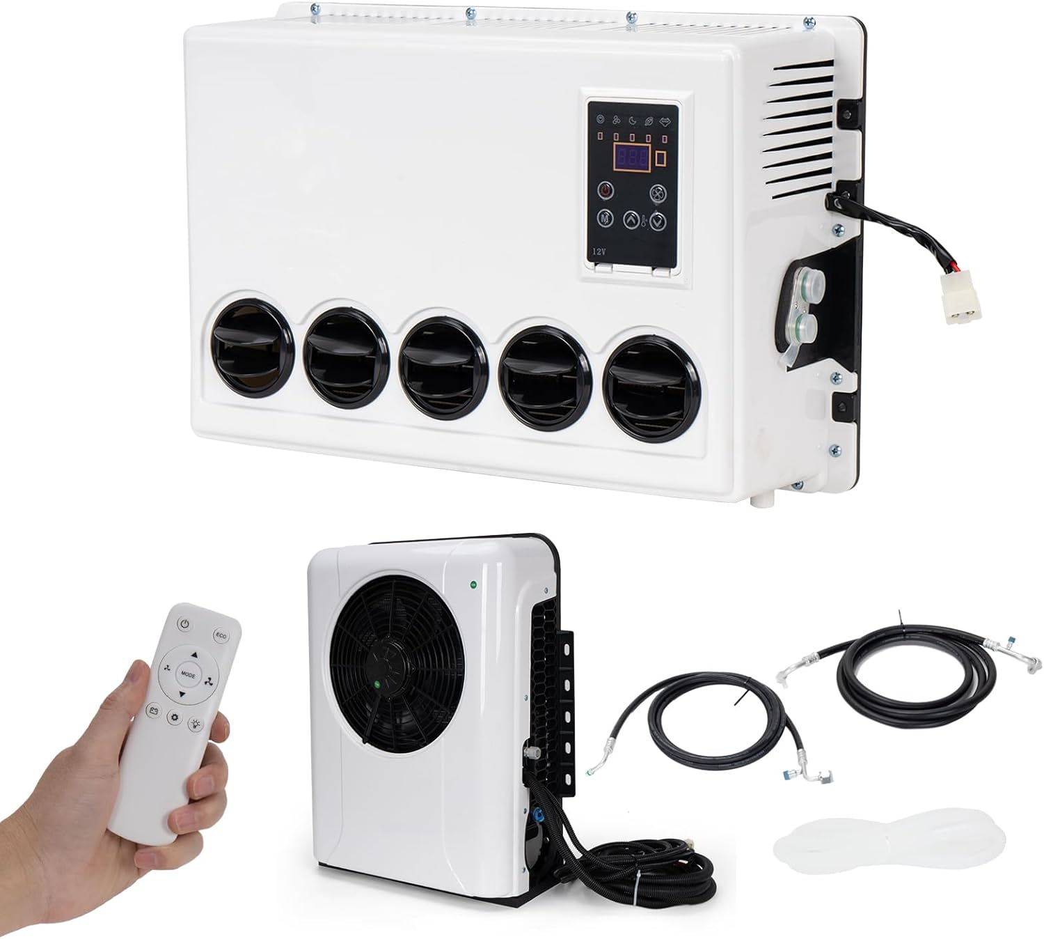 12V DC RV & Truck Air Conditioner, 12000BTU Mini Split & Rooftop AC Unit, Brushless Compressor, Fast Cooling, Ultra-Quiet, Fit for RVs, Campers, Trailers, Motorhomes, Trucks, Vans, Excavators, White