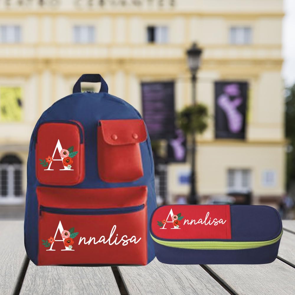 Generico Zaino e Astuccio per Bambini Combo Set 2 Pezzi con Stampa Iniziale floreale e Personalizzabile con Nome asilo elementari medie ragazzi ragazze giovane scuola idea regalo natale 2