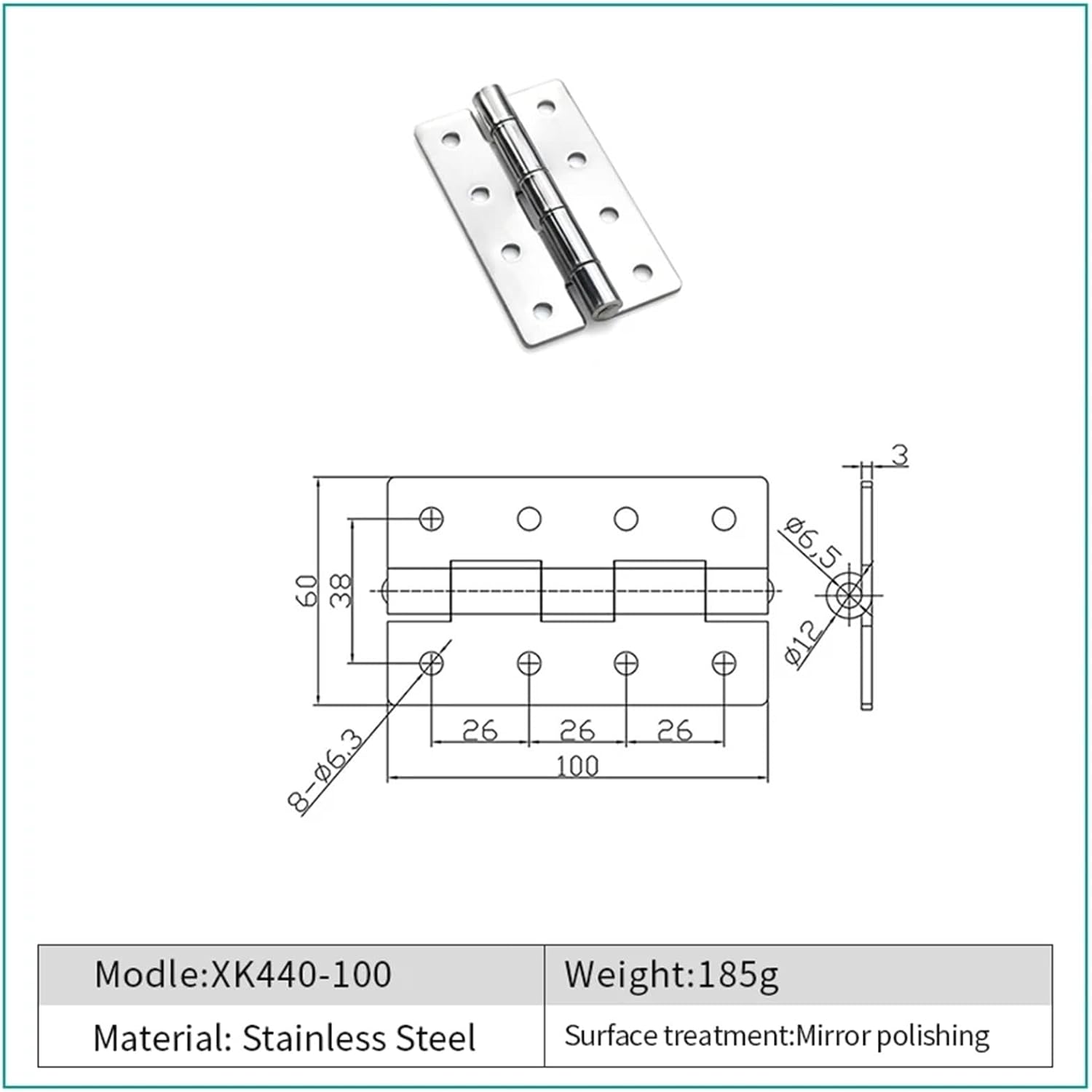 Stainless Steel Hardware Cabinet Door Hinge Cabinet Butt Hinge 60mm/75mm/100mm/150mm Length 1Pcs(XK440-60)
