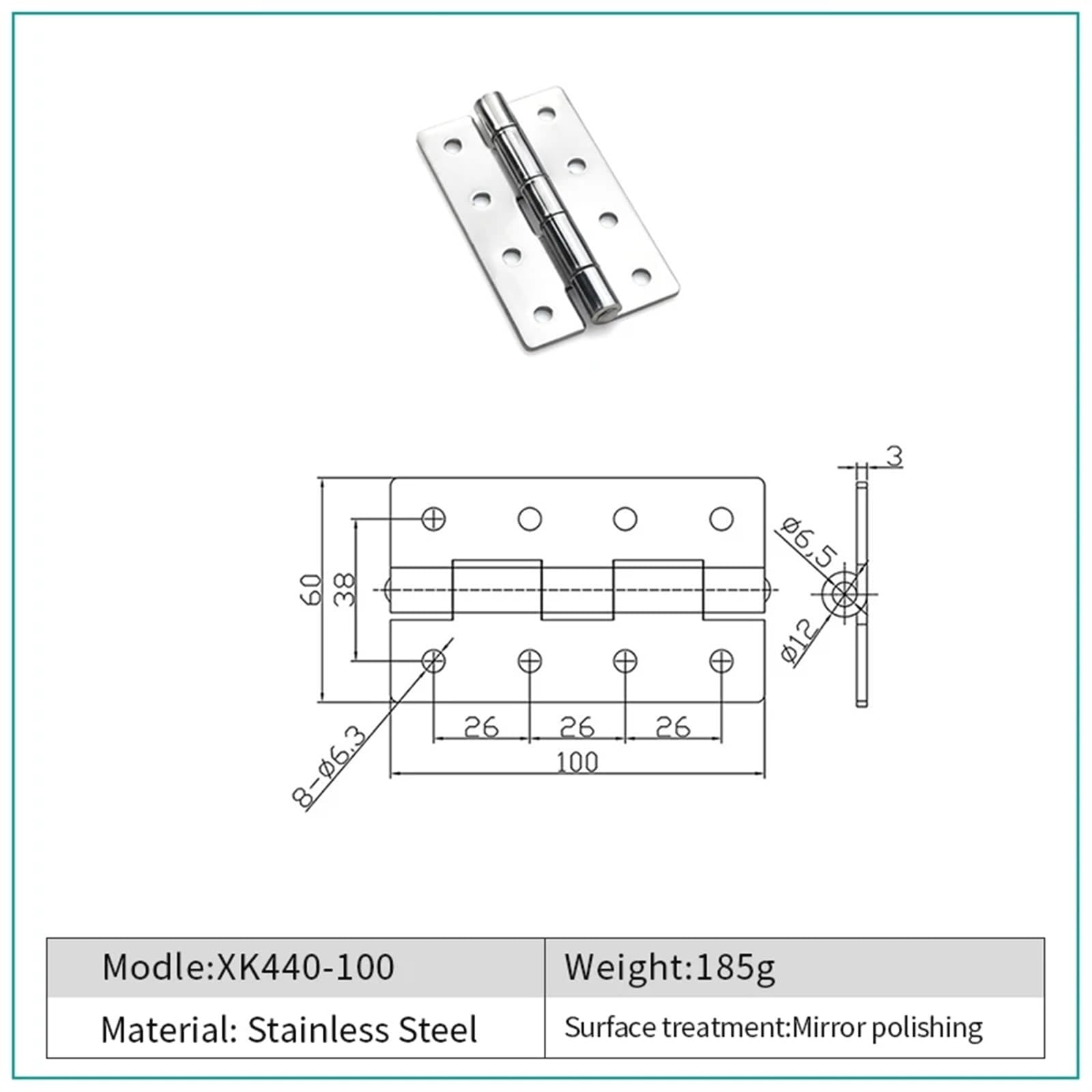 Bisagra de puerta de gabinete de Hardware de acero inoxidable, bisagra a tope de gabinete, longitud de 60mm/75mm/100mm/150mm(XK440-100)