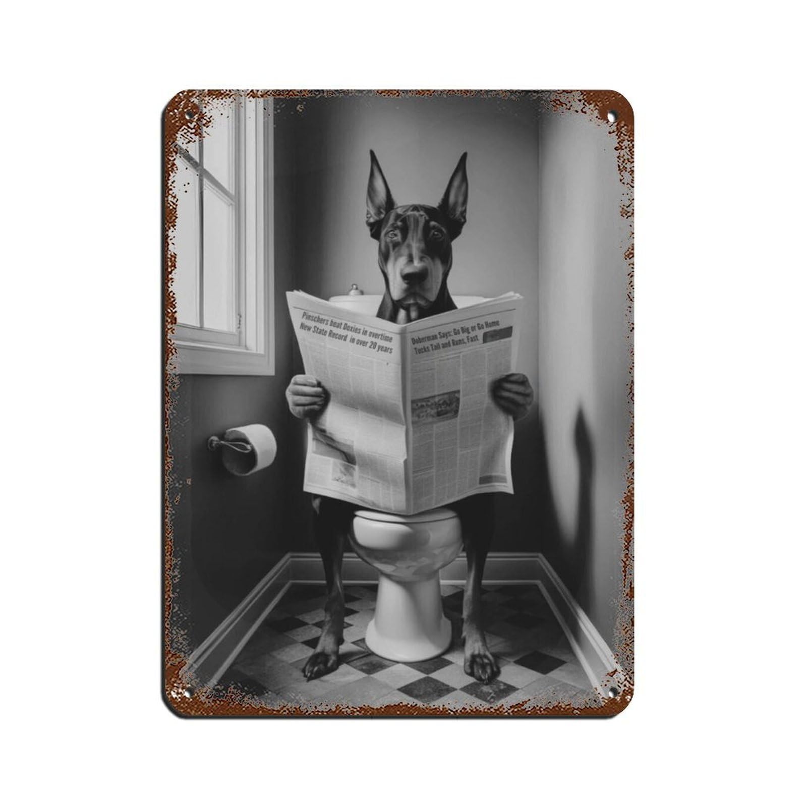 Doberman Pinscher Dog on Toilet Art Retro Poster Metal Tin Sign Chic Art Retro Iron Painting Bar People Cave Cafe Family Garage Poster Wall Decoration 12x16inch(30x40cm)