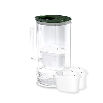 Wessper Water Filter Jug with LED Display, 2 litres, Glass Carafe, Compact Water Jug with Set of 2 Cartridges, Activated Carbon Filter, BPA-Free, Green
