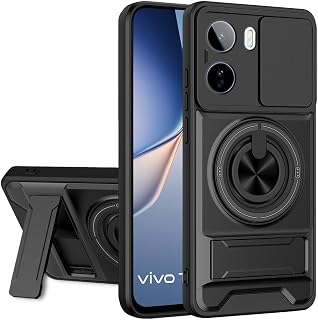 AESTMO Vivo T5 Pro 5G Back Cover | Armor Camera Slider 360 Degree Rotating Finger Ring Holder Case with Bracket Stand Back... Price In India