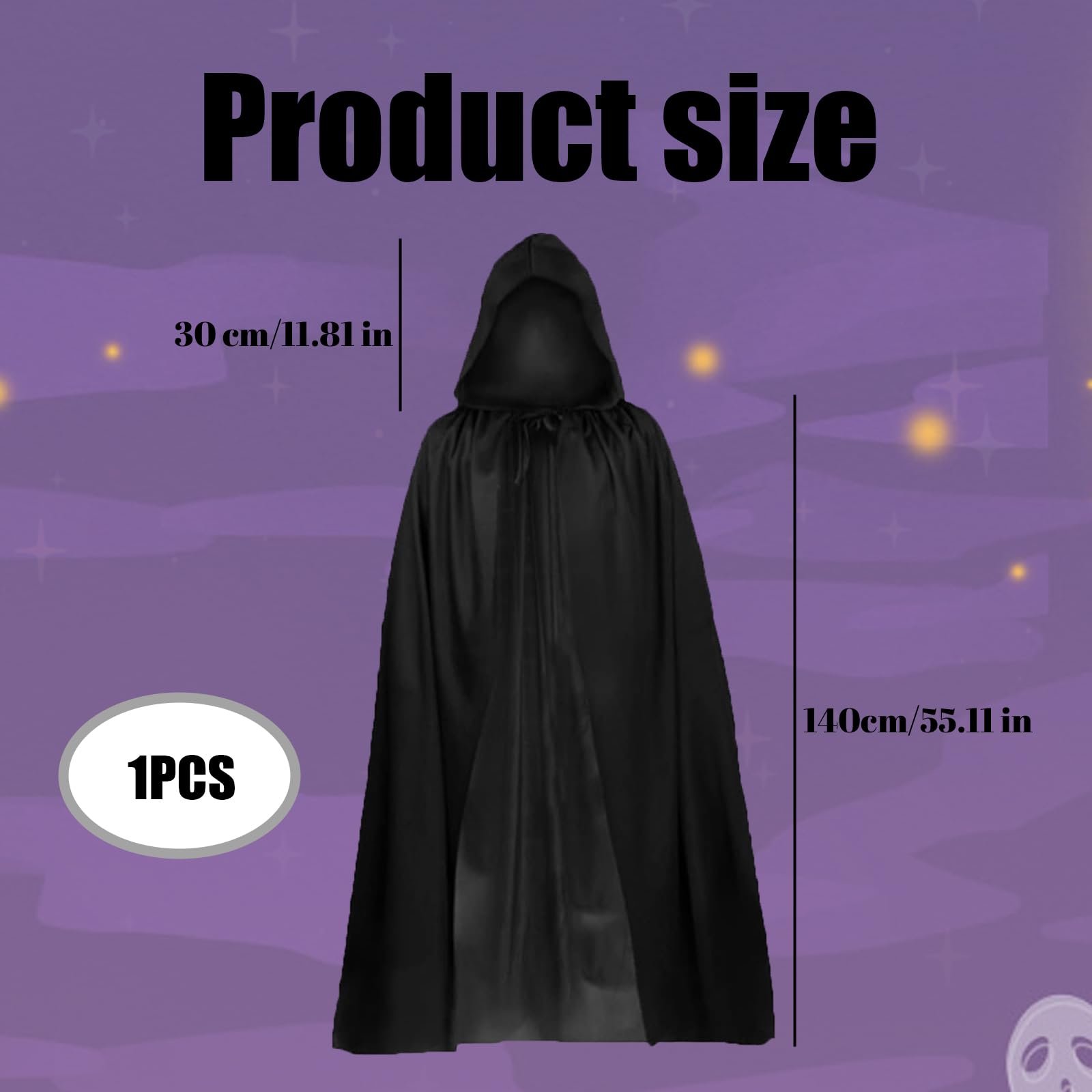 Black Cloak with Hood - 140cm Long Cape for Halloween Cosplay & Themed Parties - Premium Quality Adult Costume Cape for Men & Women - Image 2