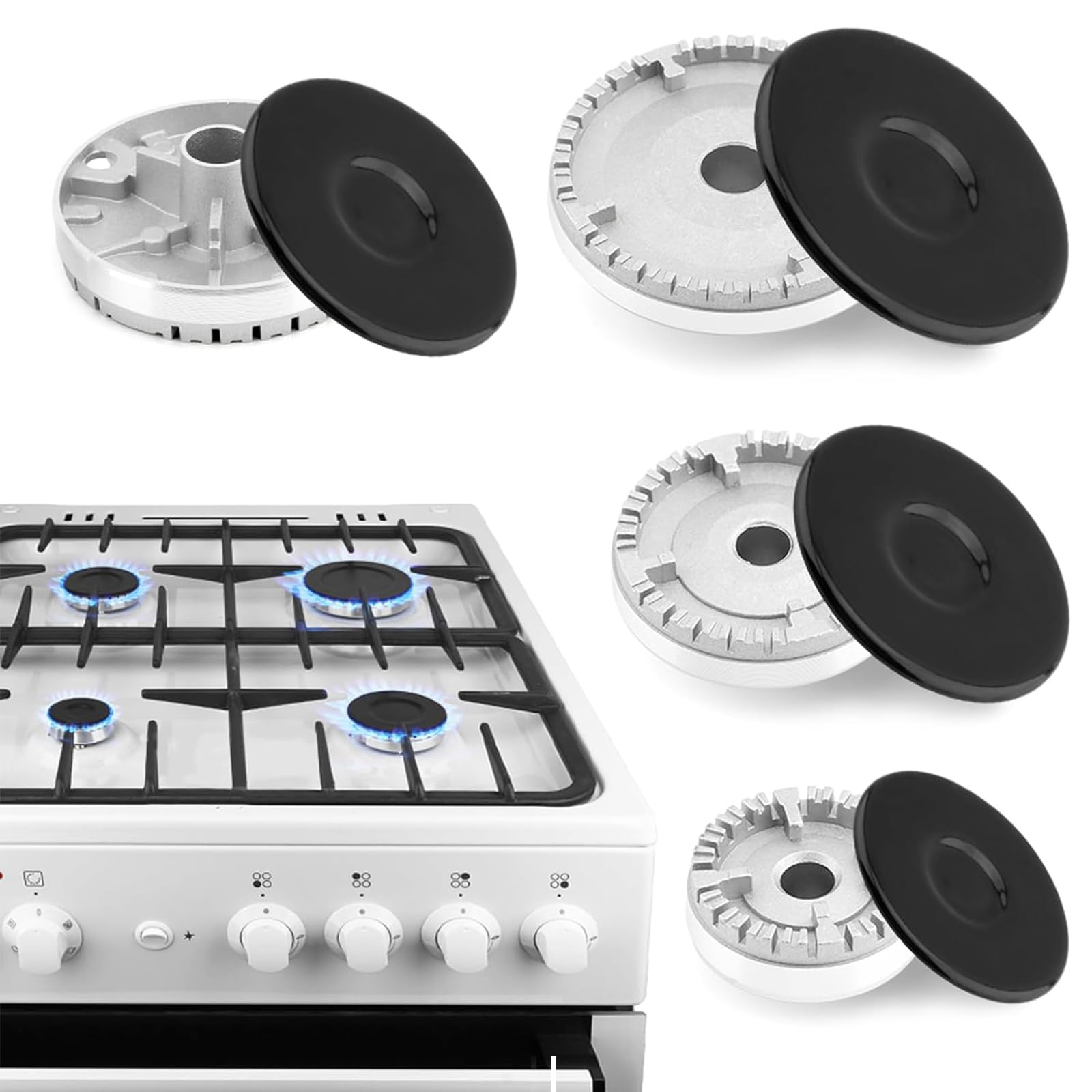 8Pcs Gas Stove Burner Cap Kit, Oven Cooker Hob Burner Crown & Flame Cap Set, Replacement Gas Hob Burner Covers 55mm 75mm 100mm, Even Heat Distribution, Kitchen Cooker Accessories (Non Universal)