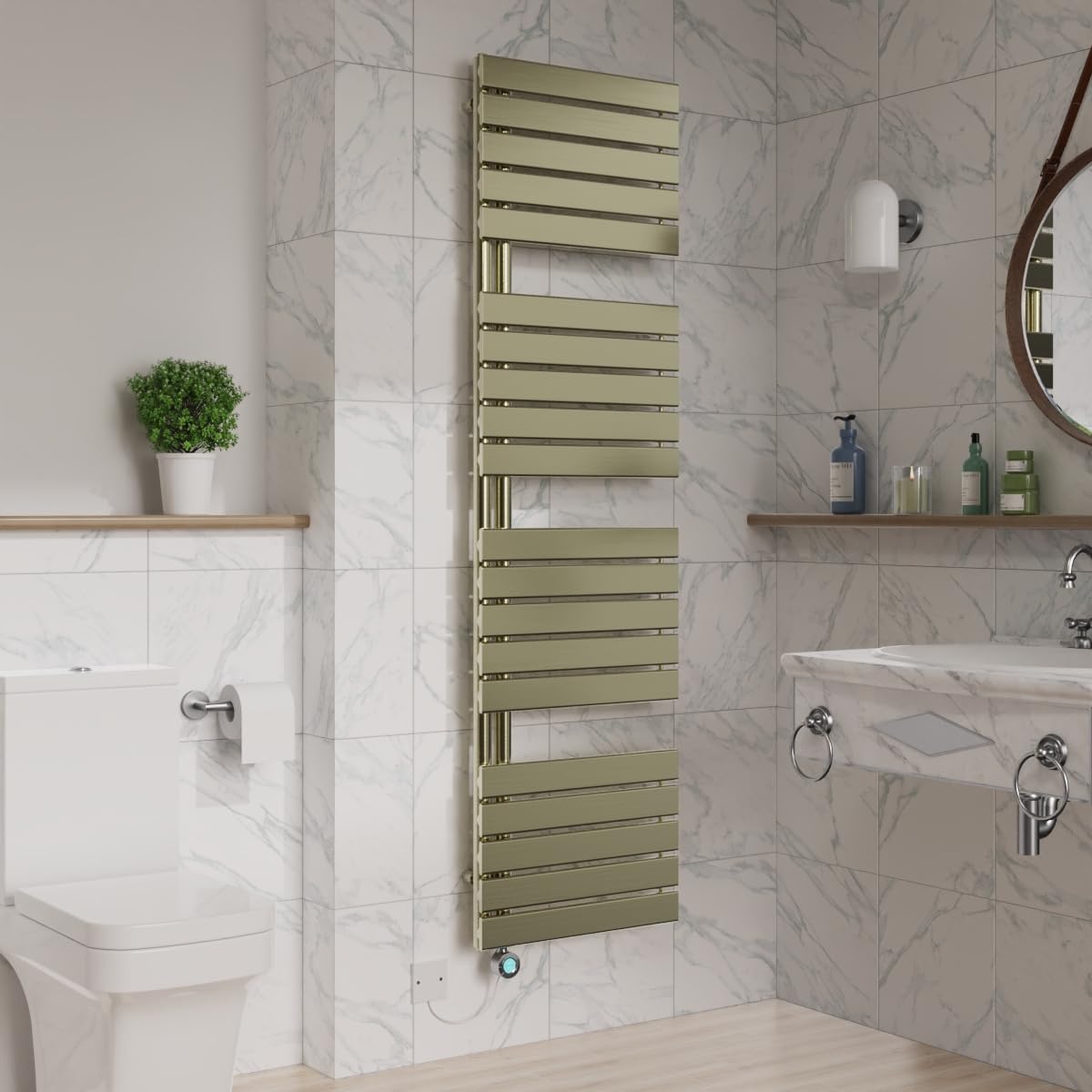 Warmehaus Designer Smart WiFi Thermostatic Electric Bathroom Heated Towel Rail Warmer Radiator with Timer Flat Panel 1800x500mm Brushed Brass