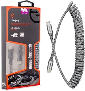 Ventev Helix 3ft Expandable USB C to USB C Cable | Fast Charging Cable | Coiled Universal Cable, Android Charger Compatible | No Tangle Cord for Fast Charger, Crafted for The Car, Gray