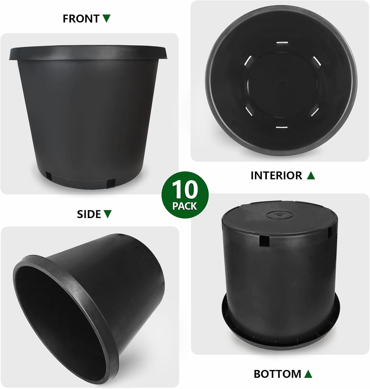 waltyotur 10PCS 15 Gallon Round Durable Planter Nursery Pots, Injection Molded Plastic Plant Container Garden Planter Pots for Indoor Outdoor Plants Flower Vegetables, Black