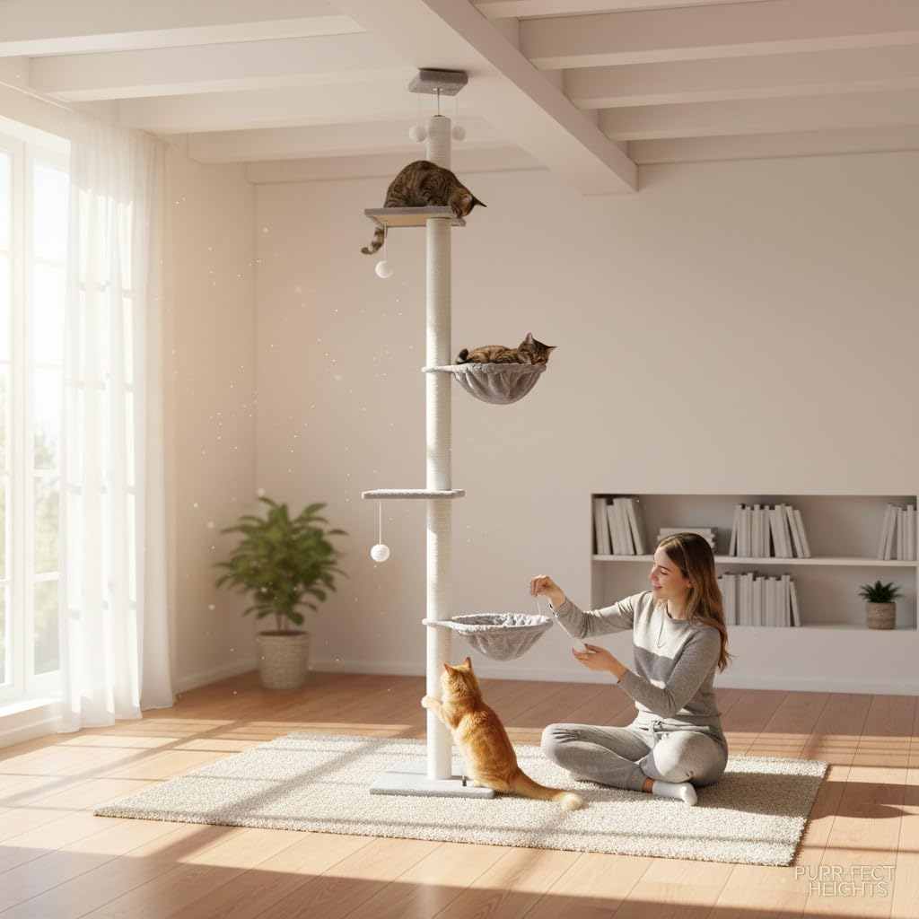 Árbol Rascador para Gatos de Suelo a Techo, Gris, 40x30x240-270cm, Poste de 6cm de Grosor con Tornillo de 8mm, Mueble Vertical con Plataformas y Hamacas