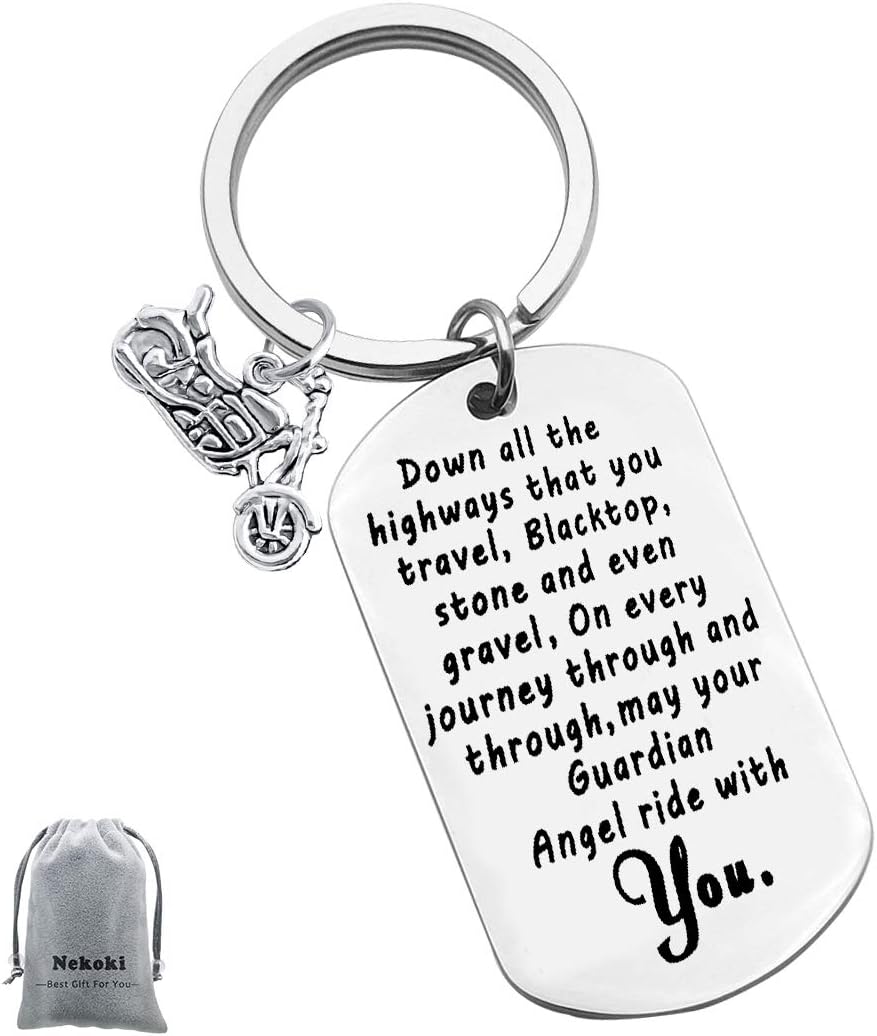 Nekoki Biker Keychain Motorcycle Keychain Gift Ride Safe Keyring New Driver Gifts May Your Guardian Angel Ride With You Keyring Couple Lovers Gift Valentines Day Birthday Gifts for Boyfriend Husband