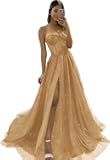 Long Ball Gown Shiny Tulle Split Sleeveless Wedding Prom Dresses