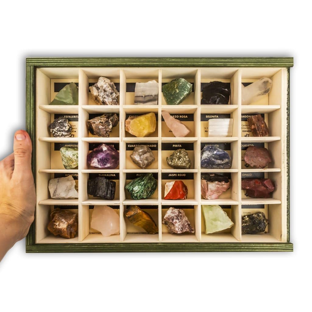 Colección de 30 Minerales del Mundo Premium en Caja de Madera Natural - Minerales Reales educativos de Gran tamaño con Hoja de descripción. Kit Geología para niños | Caja de Madera Natural, Minerales Reales Educativos, Gran Tamaño, Hoja de Descripción, Ki