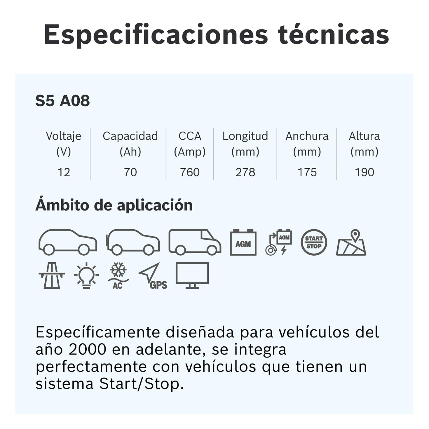 Bosch S5 A08 Batería para Coche 70 A/h - 760 A - 12 V, AGM de Plomo-Ácido para Vehículos con Sistema Start/Stop, Polaridad Izquierda (-) Derecha (+), para Autos con Alta Demanda Eléctrica