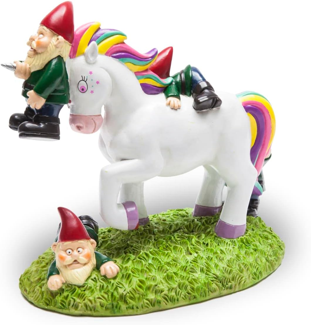 BigMouth Inc Unicorn Attack Garden Gnome Statue, Funny Outdoor Lawn & Yard Figurine, Housewarming Gag Gift Sculpture Decorations