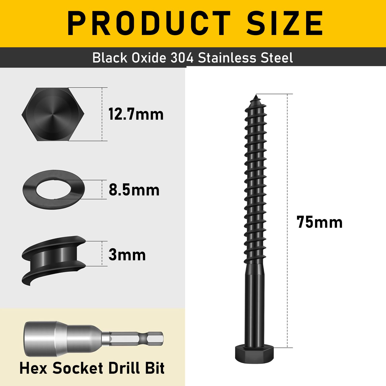 Valorada 12Pcs M8 x 75mm Coach Screws, Heavy Duty Lag Bolts 304 Stainless Steel, 75mm Wood Screws - Image 2