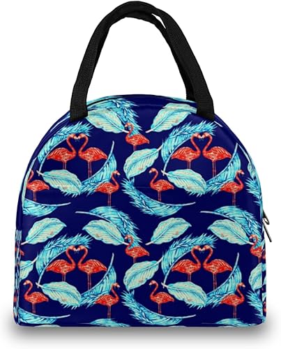 Miniatura 3 de Red Flamingo Lunch Tote Bag for Women Adult Men Blue Feathers Insulated Lunch Box Small Leakproof Cute Lunchbox Cooler Bag Reusable Lunch Bag for