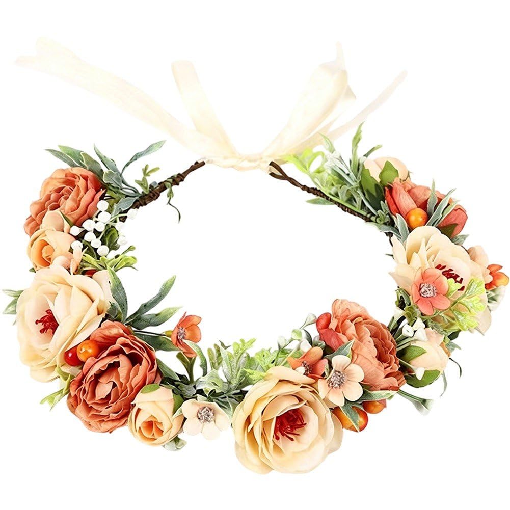 Sslvya Artificial Flower Crown Bridal Floral Headband Hair Wreath Flower Headpiece with Ribbon for Women Wedding Party Photo Props